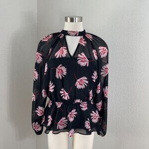 Express Womens Medium Floral Black Blouse Long‎ Sleeve Peplum Shirt Top